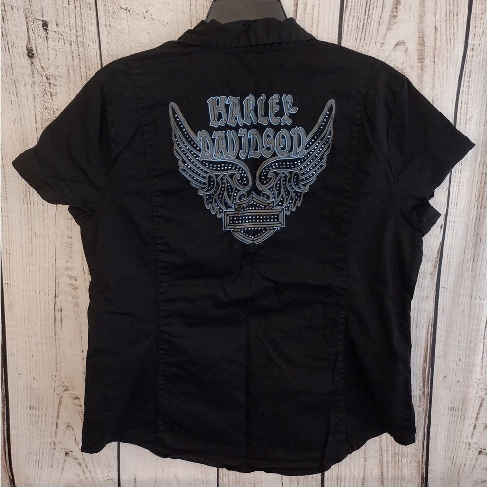 Harley Davidson | Black Front/Back LOGO WINGS Zip-Front Short Sleeve Top Stretch